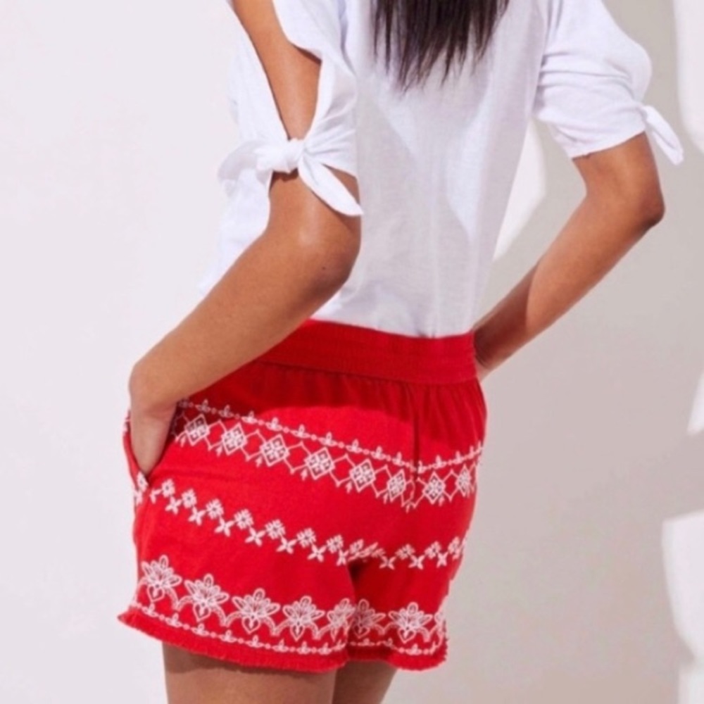 Loft Red Linen Blend Embroidered Shorts Size XL